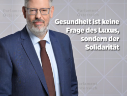 Ein Mann im Anzug mit grauen Haaren und Bart steht vor einem Hintergrund mit einem geometrischen Muster und dem Schriftzug 'Parlament Österreich'. Es handelt sich hier um den Abgeordneten Ralph Schallmeiner. Neben ihm steht der Text: "Gesundheit ist keine Frage des Luxus, sondern der Solidarität"