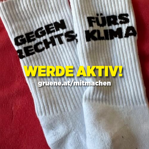 Zwei weiße Sportsocken mit schwarzem Text. Die linke Socke trägt die Aufschrift „GEGEN RECHTS“, die rechte Socke „FÜRS KLIMA“. Über den Socken ist der Text „WERDE AKTIV!“ in gelber Schrift sowie darunter die Webadresse „gruene.at/mitmachen“ zu sehen. Das Bild vermittelt eine Aufforderung zum Engagement für Klimaschutz und gegen rechte Ideologien.